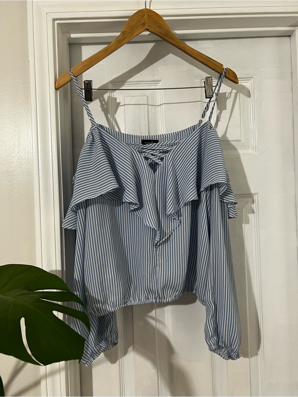 Rue21 Blue & White Striped Off-Shoulder Ruffle Top